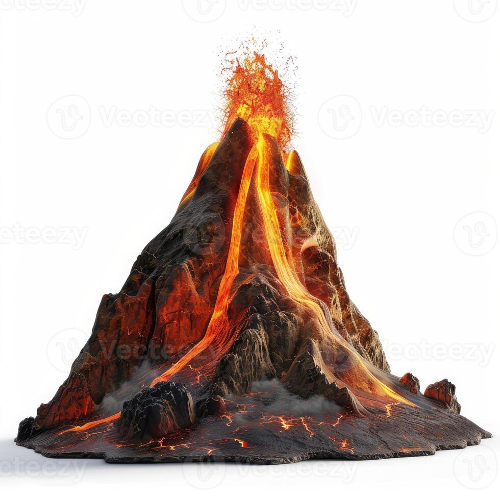 Volcano erupting with molten lava flowing down its sides photo