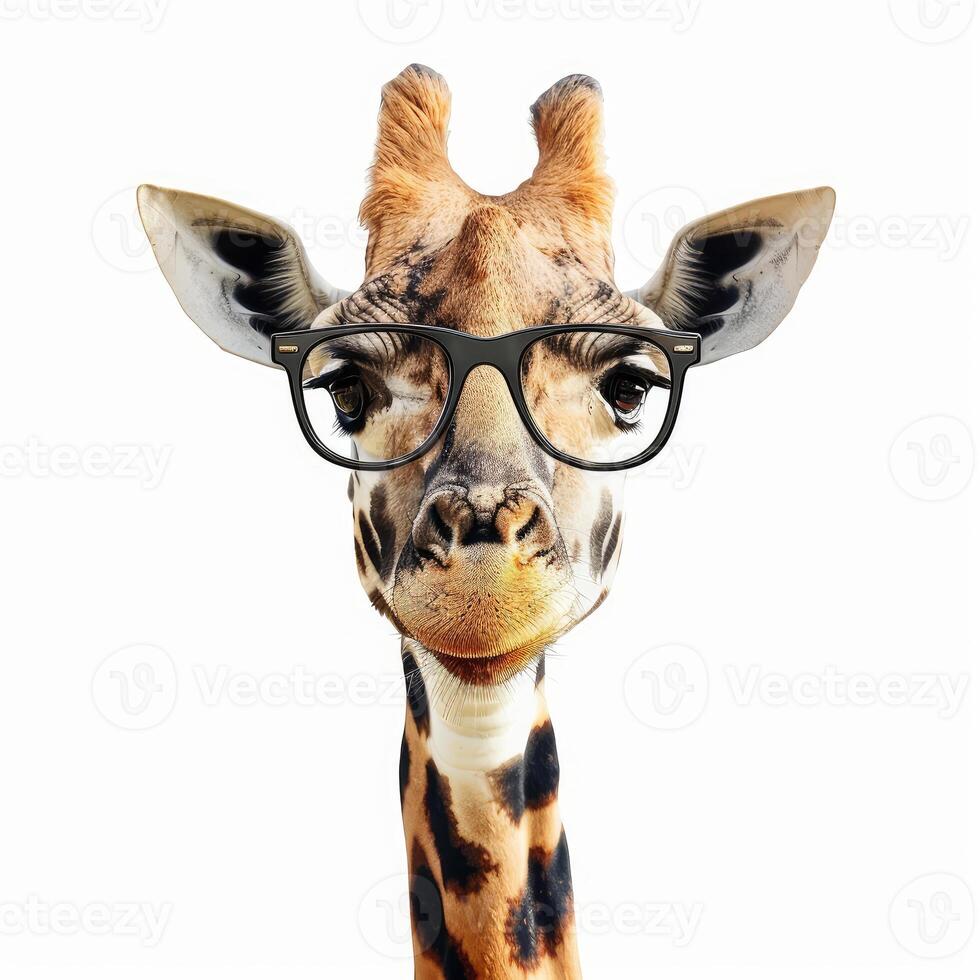 Smart giraffe wearing eyeglasses posing on white background photo