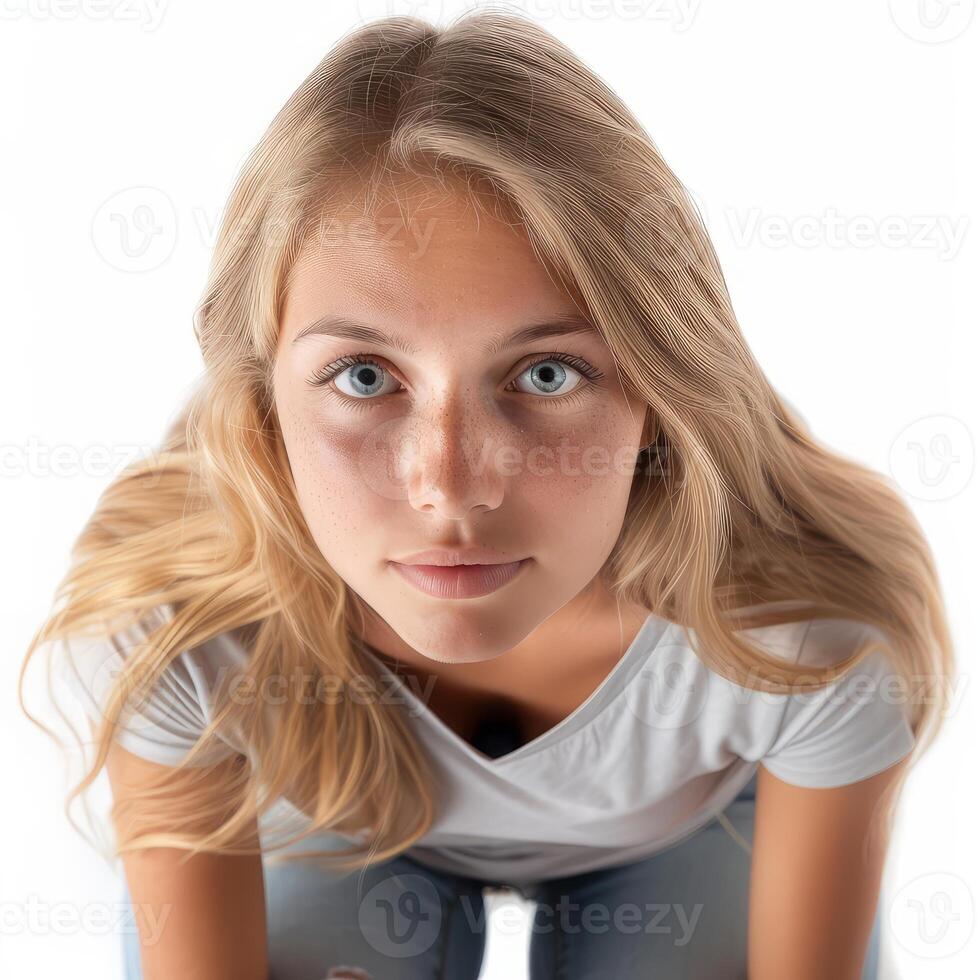Blonde teen girl with freckles looking up at camera photo