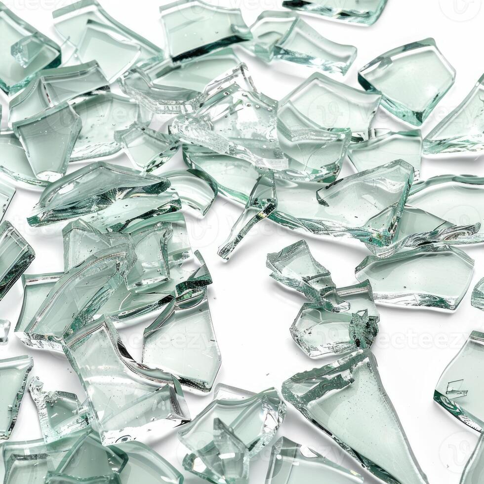 Pile of sharp transparent shards of broken glass lying on white background photo
