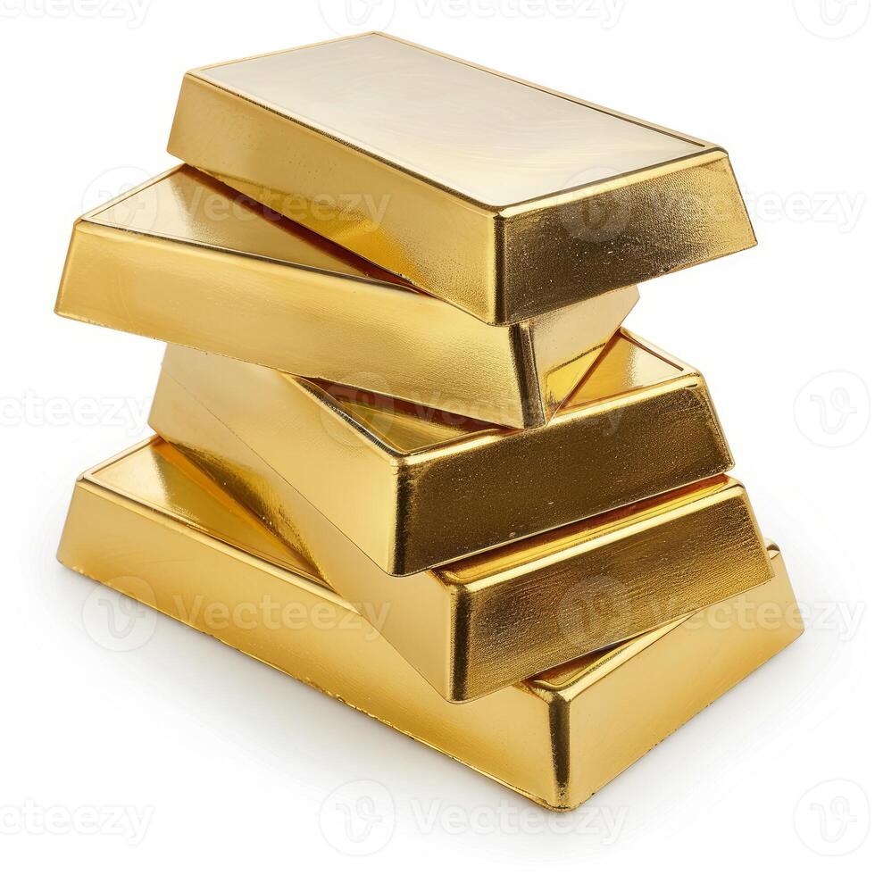 Stack of gold bars creating large pile on white photo