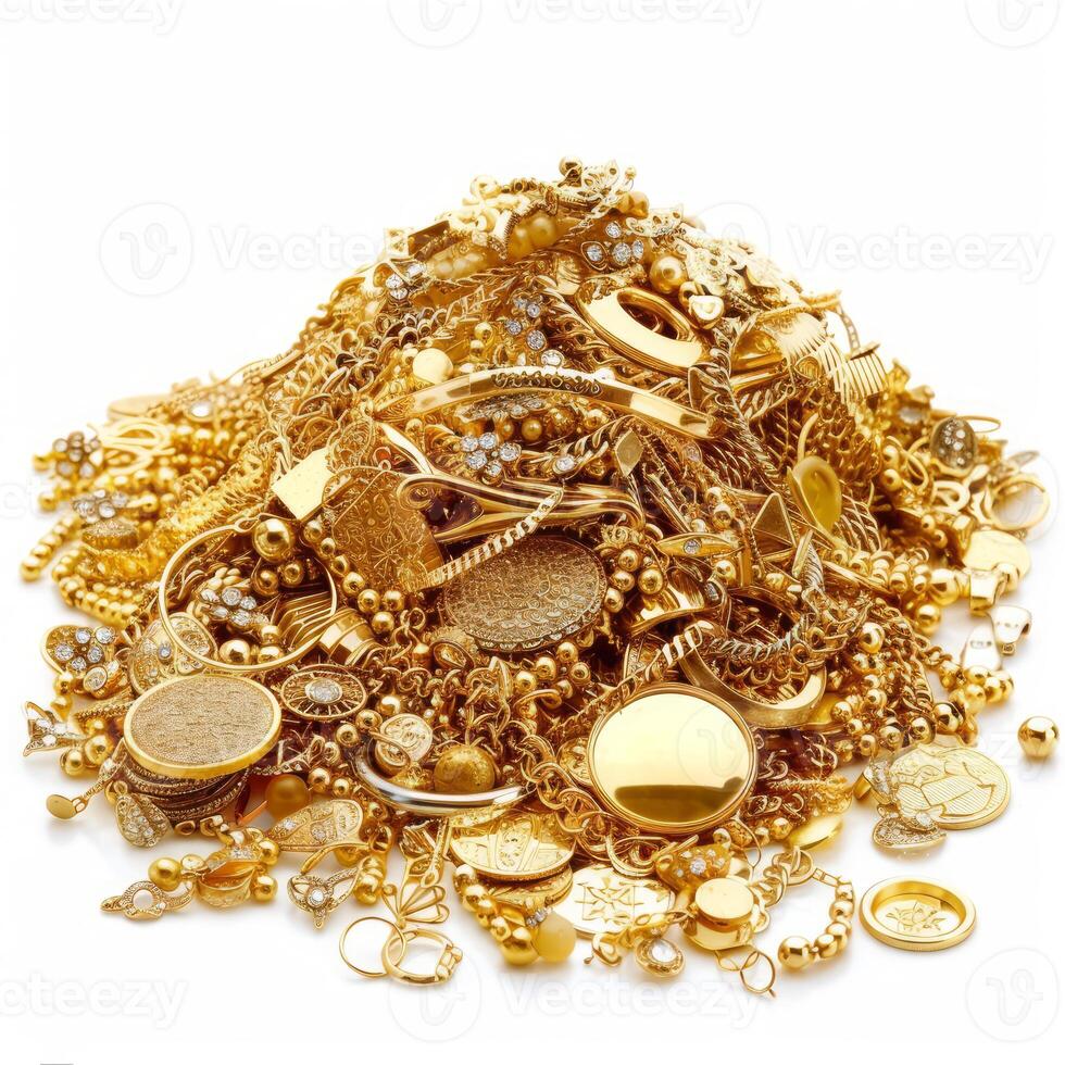 Big pile of gold jewelry is laying on a white background photo