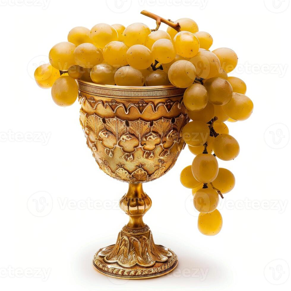 Ornate golden goblet overflowing with fresh green grapes photo