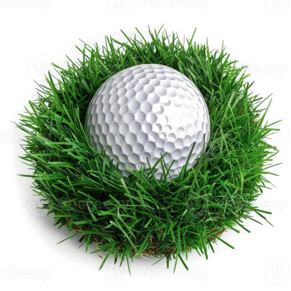 Perfect white golf ball resting in lush green grass photo