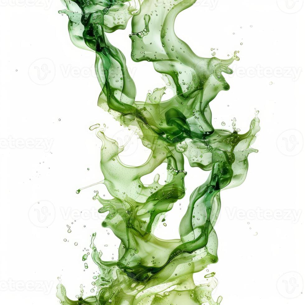 Green liquid splashing, creating bubbles and forming abstract shapes photo