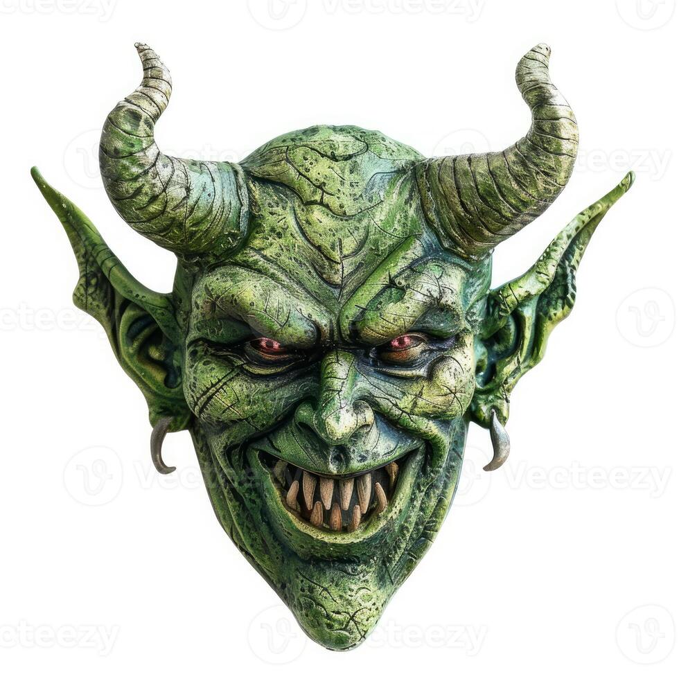 Green demon mask grinning showing sharp teeth photo