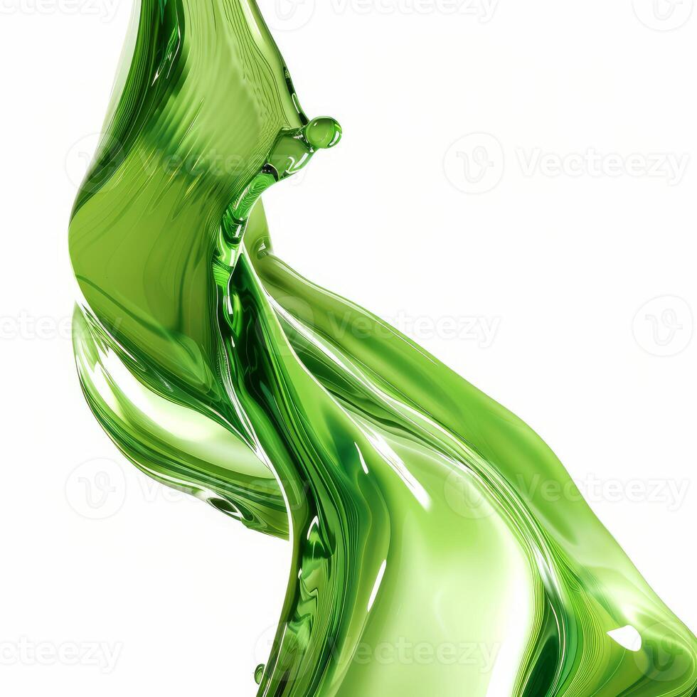 Green liquid splashing and forming abstract shape on white background photo