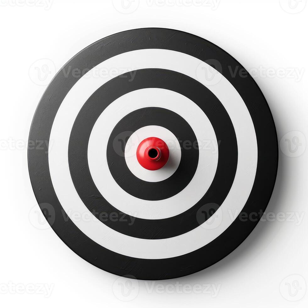Red dart hitting center of target on white background photo