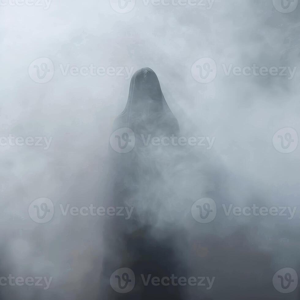 Mysterious hooded figure standing in fog holding a staff photo