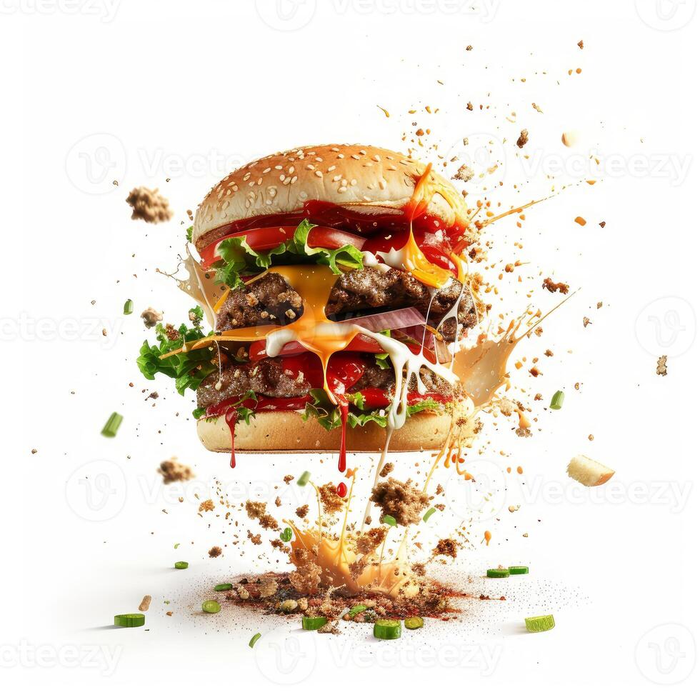 Delicious burger exploding with ingredients on white background photo