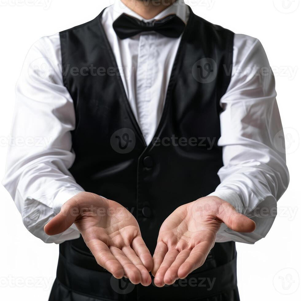 Waiter showing something with open empty hands gesture on white background photo