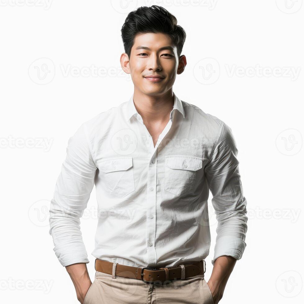 Confident asian man smiling with hands in pockets photo