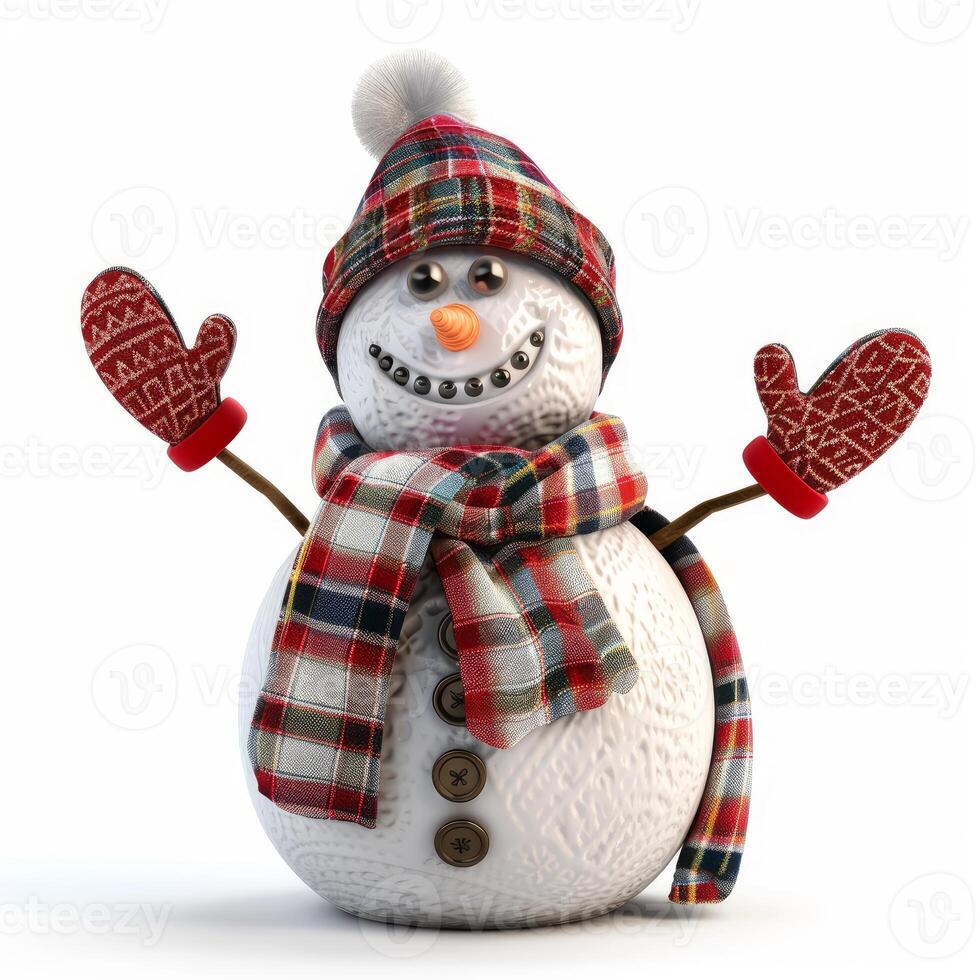 Smiling snowman wearing winter clothes and waving photo