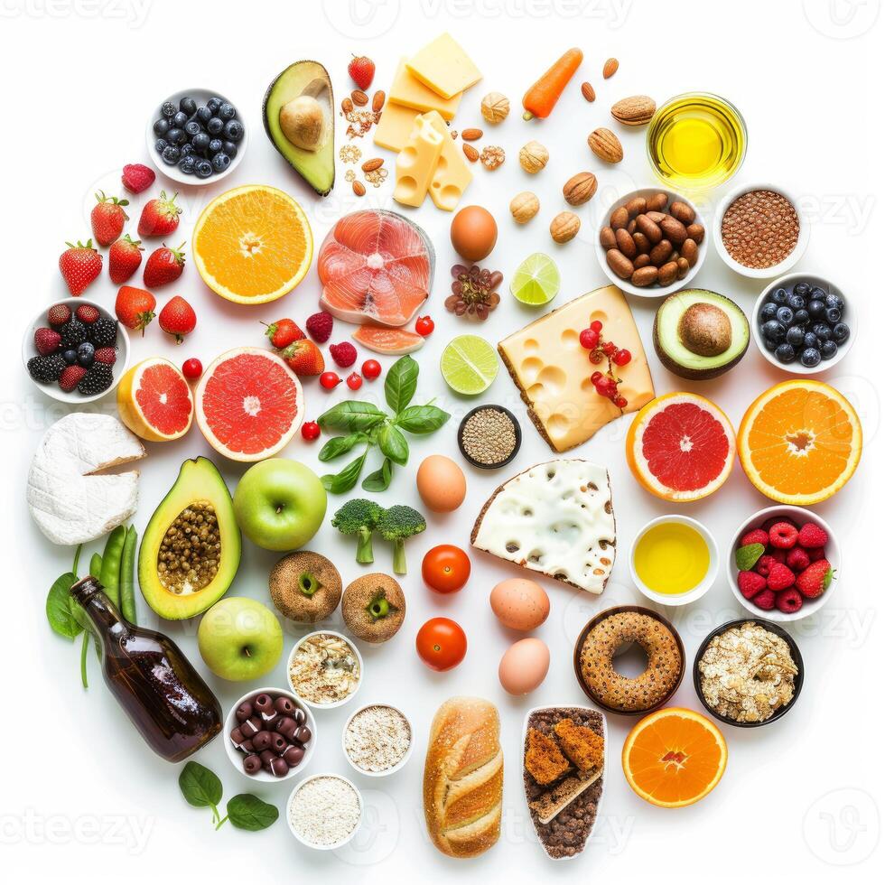 Healthy food ingredients arranged in circle on white background photo