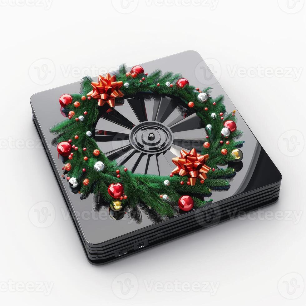 Black cpu cooler with a christmas wreath is lying on a white background photo