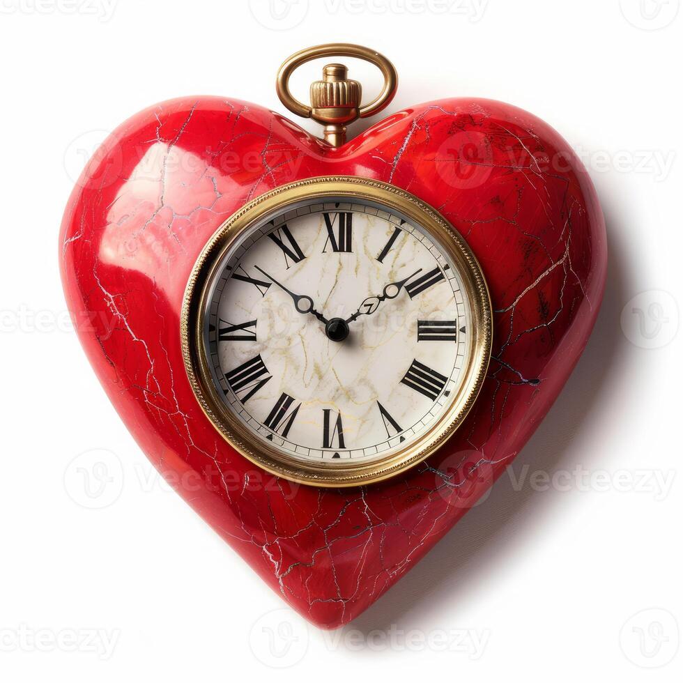 Red heart shaped clock showing time passing on white background photo