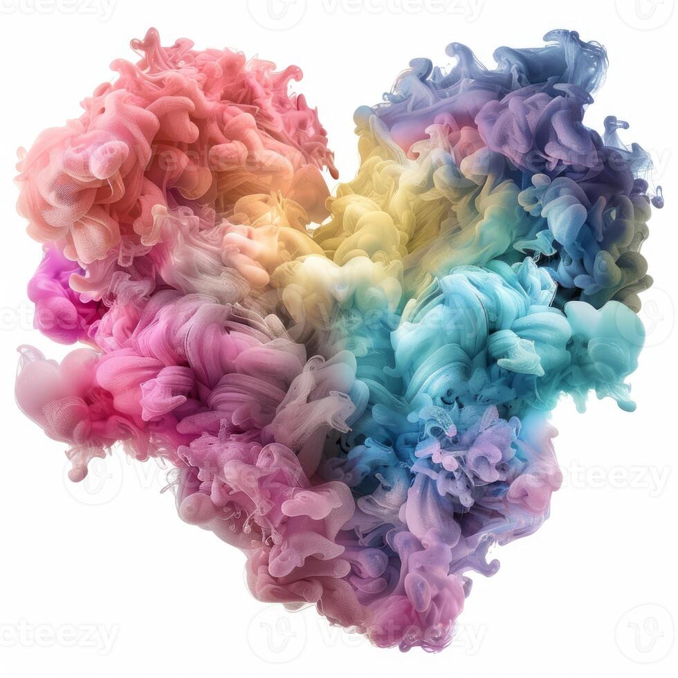 Multicolored ink forming a heart shape on white background photo