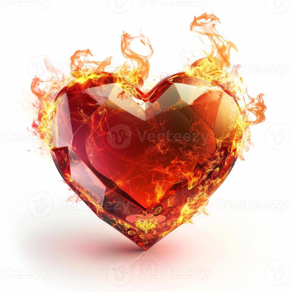 Red crystal heart burning in flames of love photo