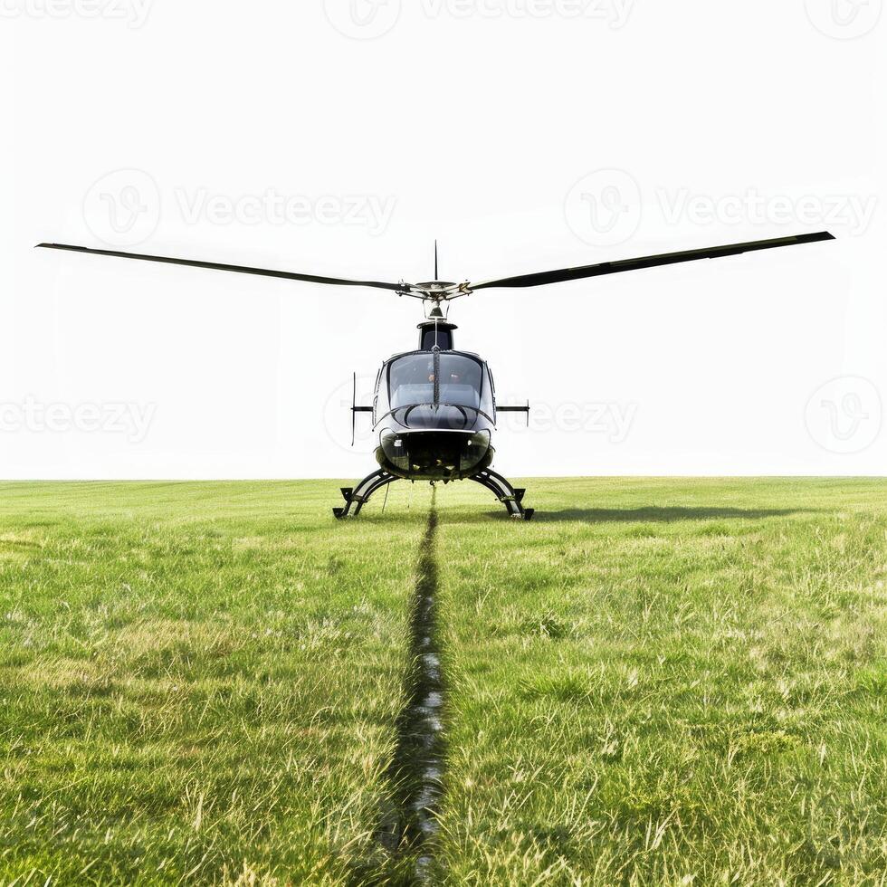 Black helicopter landing on green grass field with white background photo