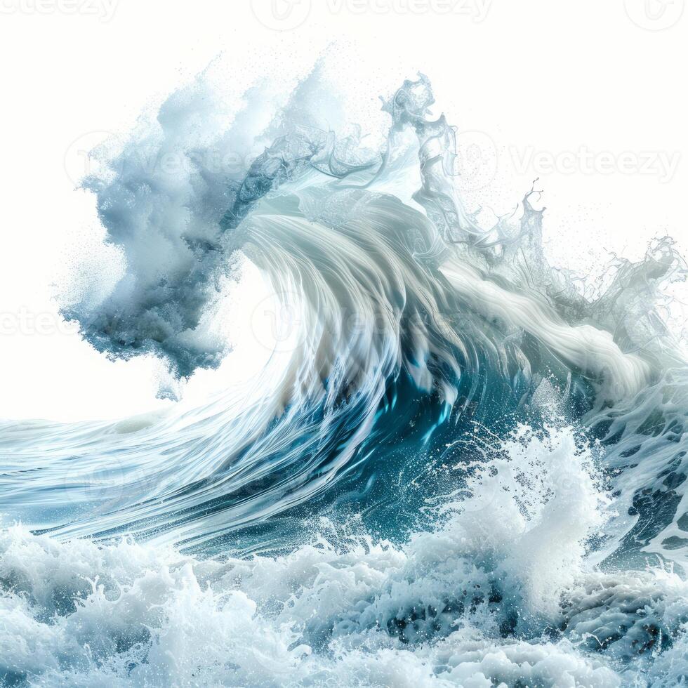 Giant ocean wave breaking with water splashing on white background photo