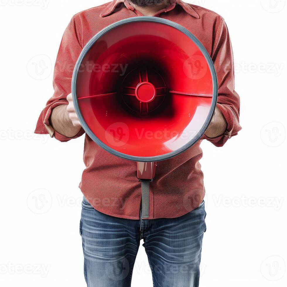 Man holding red megaphone making announcement photo