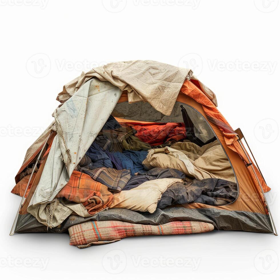 Small dirty orange camping tent full of blankets and pillows, isolated on white background photo