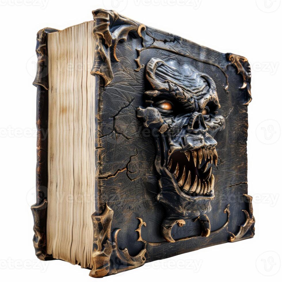 Ancient book cover showing scary monster face embossed with glowing eyes photo