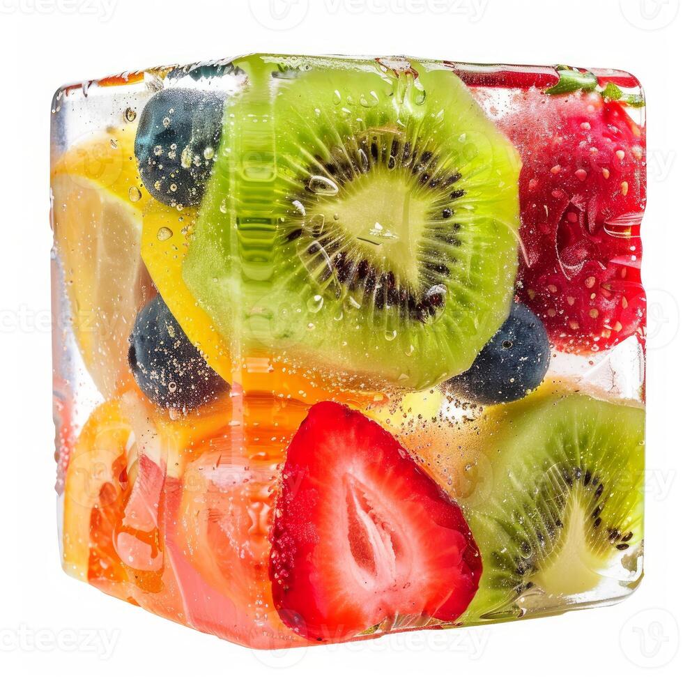 Ice cube with frozen assorted fruits refreshing summer concept photo