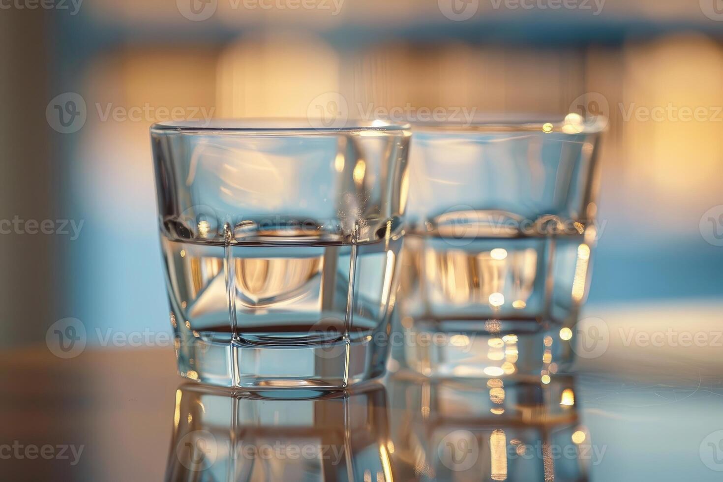 Two glasses standing on table and reflecting warm light photo