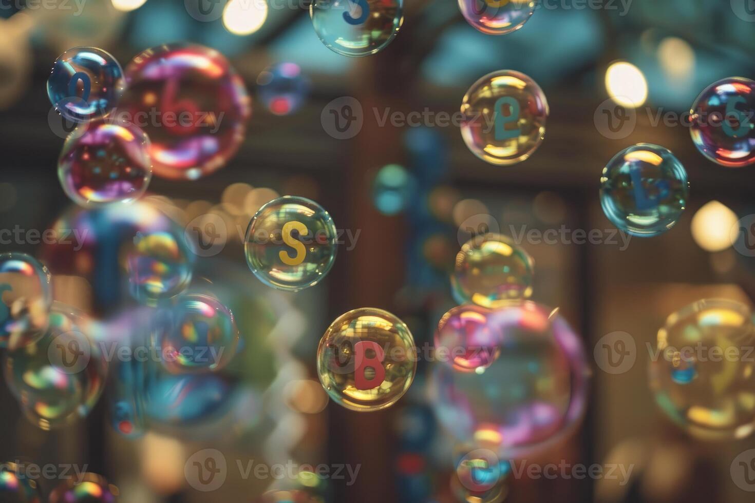 Colorful soap bubbles floating with letters inside representing vitamins and minerals photo