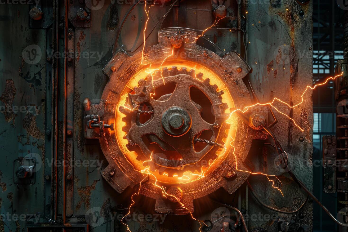 Rusty industrial gear with lightning surrounded by metal in a factory photo