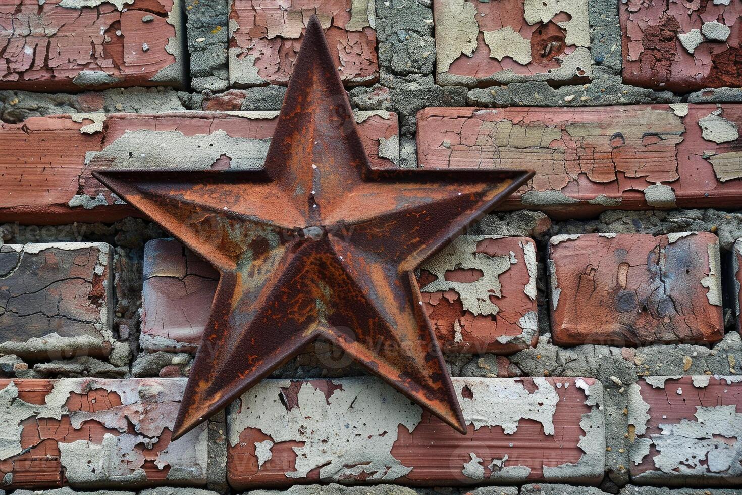 Rustic metal star hanging on a textured brick wall photo
