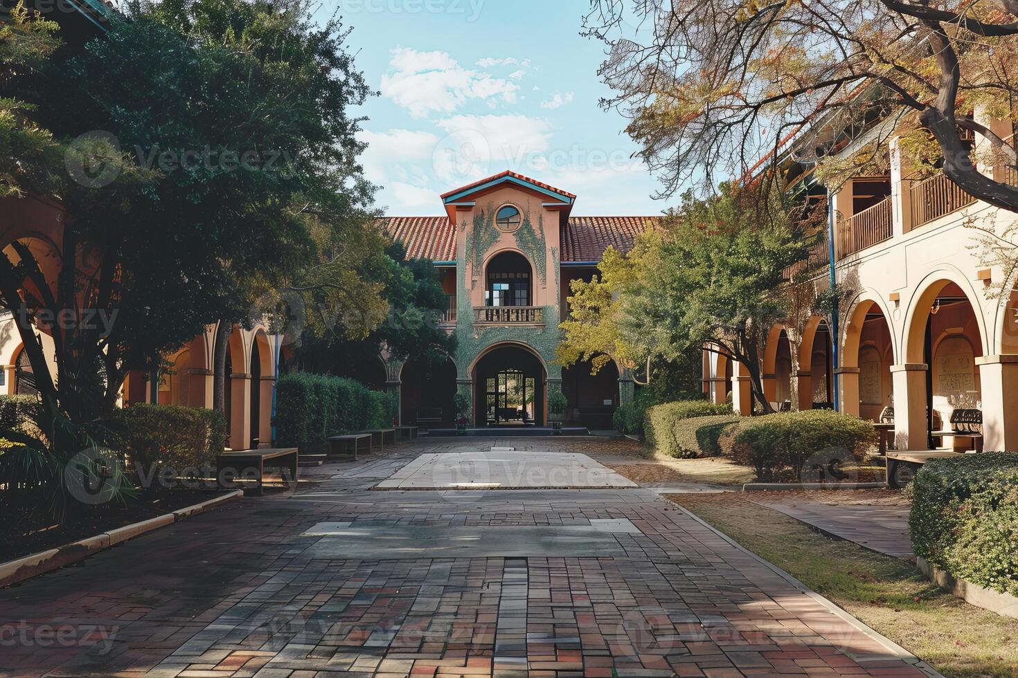 Brick pathway leading to beautiful spanish colonial revival style building photo