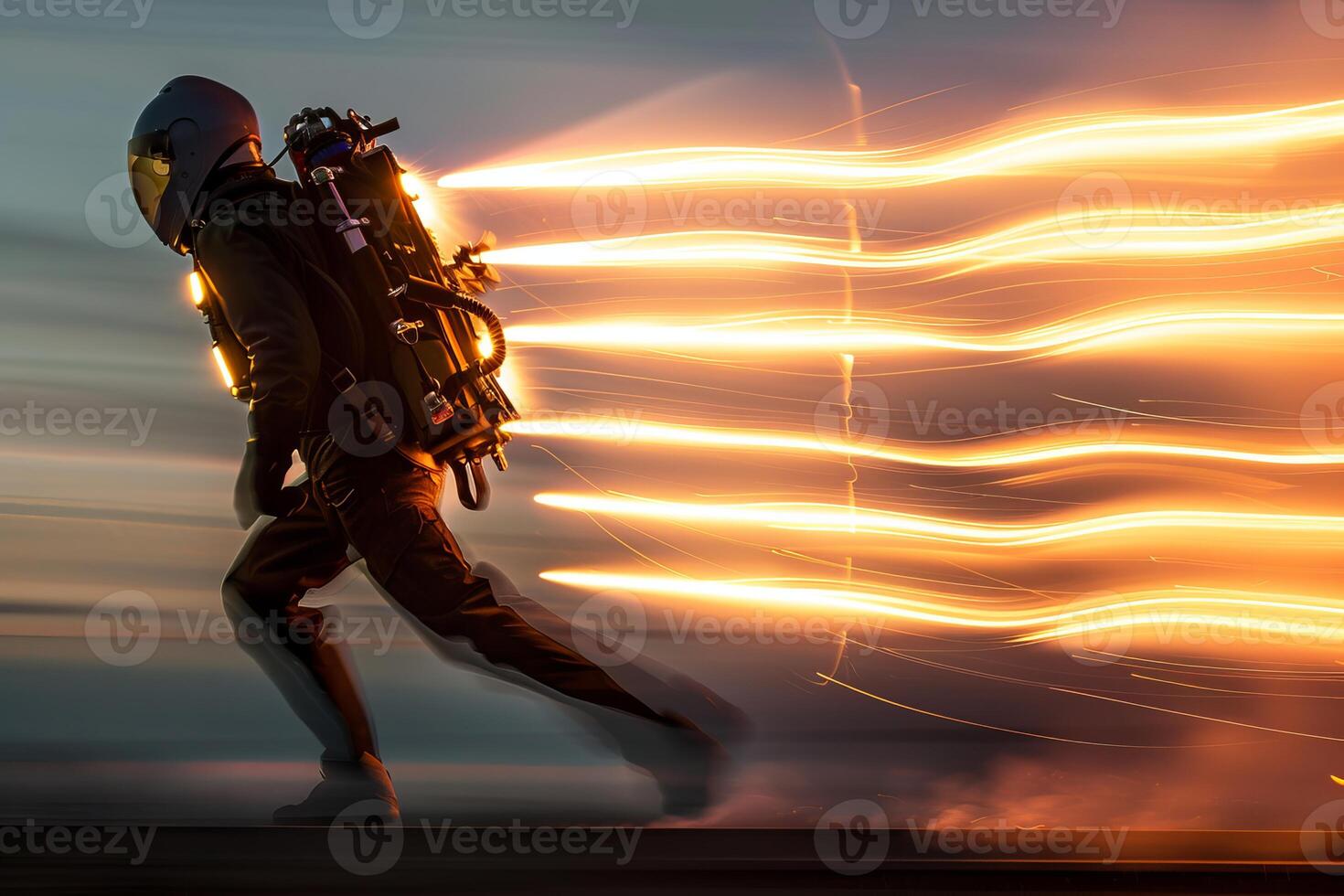 Pilot running with jetpack leaving fire trails at sunset photo