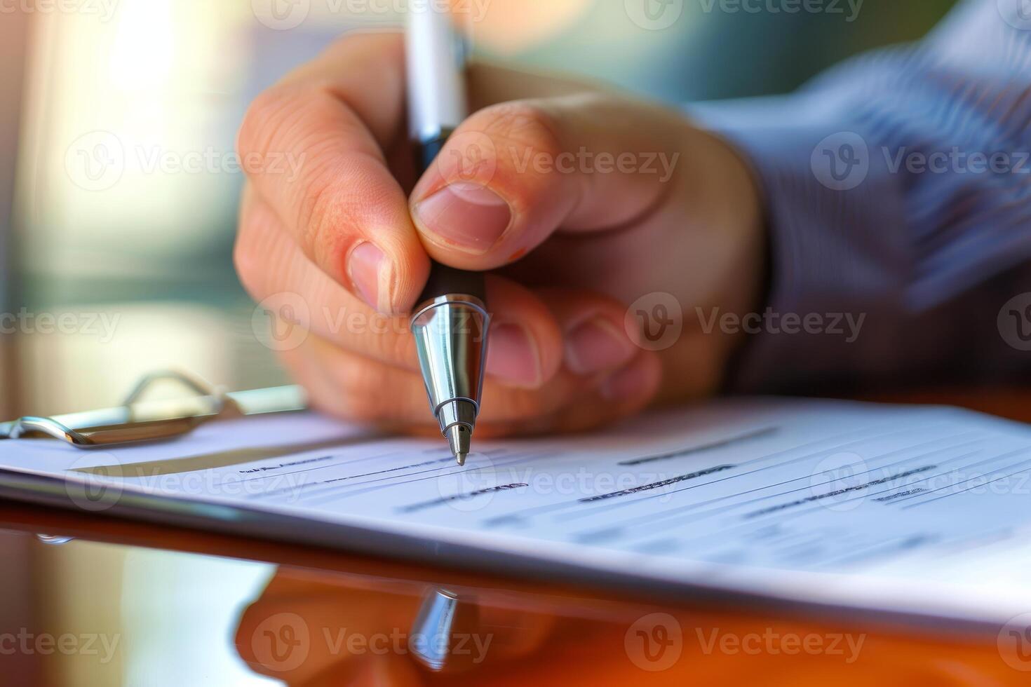 Businessman writing on clipboard with silver pen photo