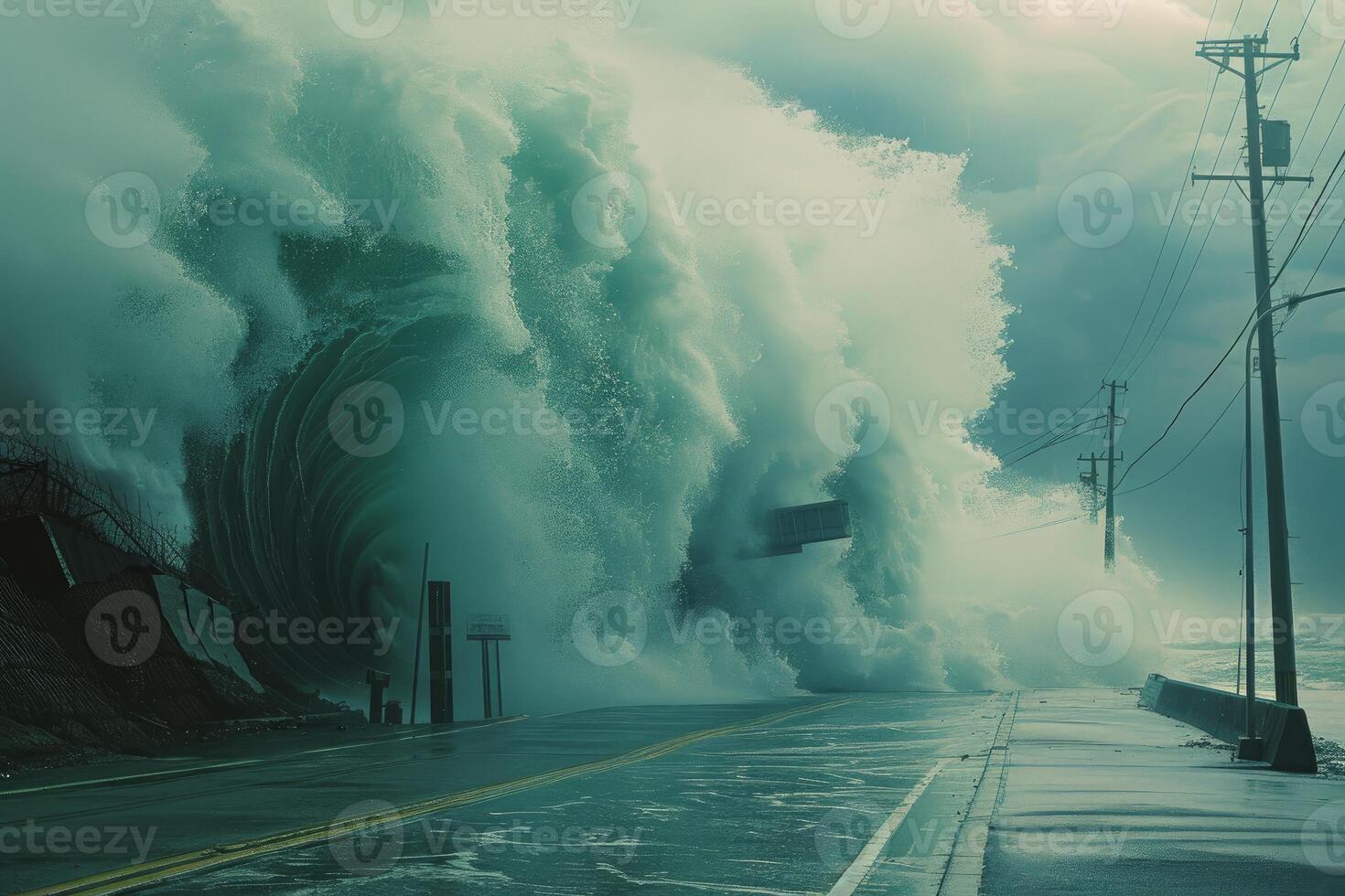 Giant wave crashing over coastal road during storm surge photo