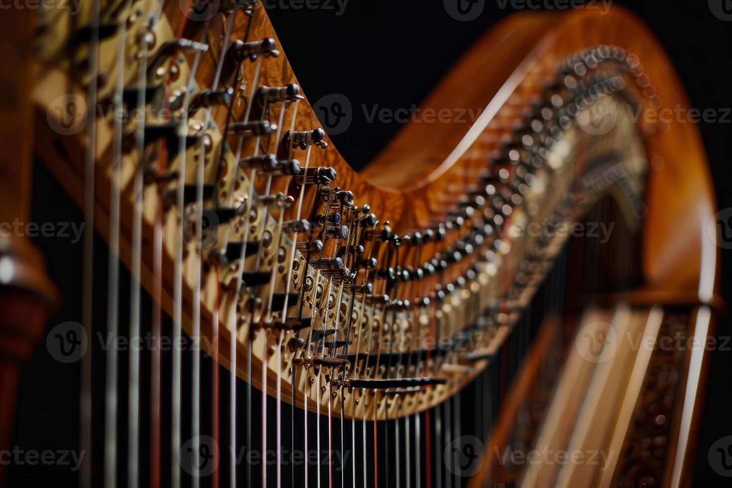Elegant harp standing gracefully, showcasing its intricate details and craftsmanship photo