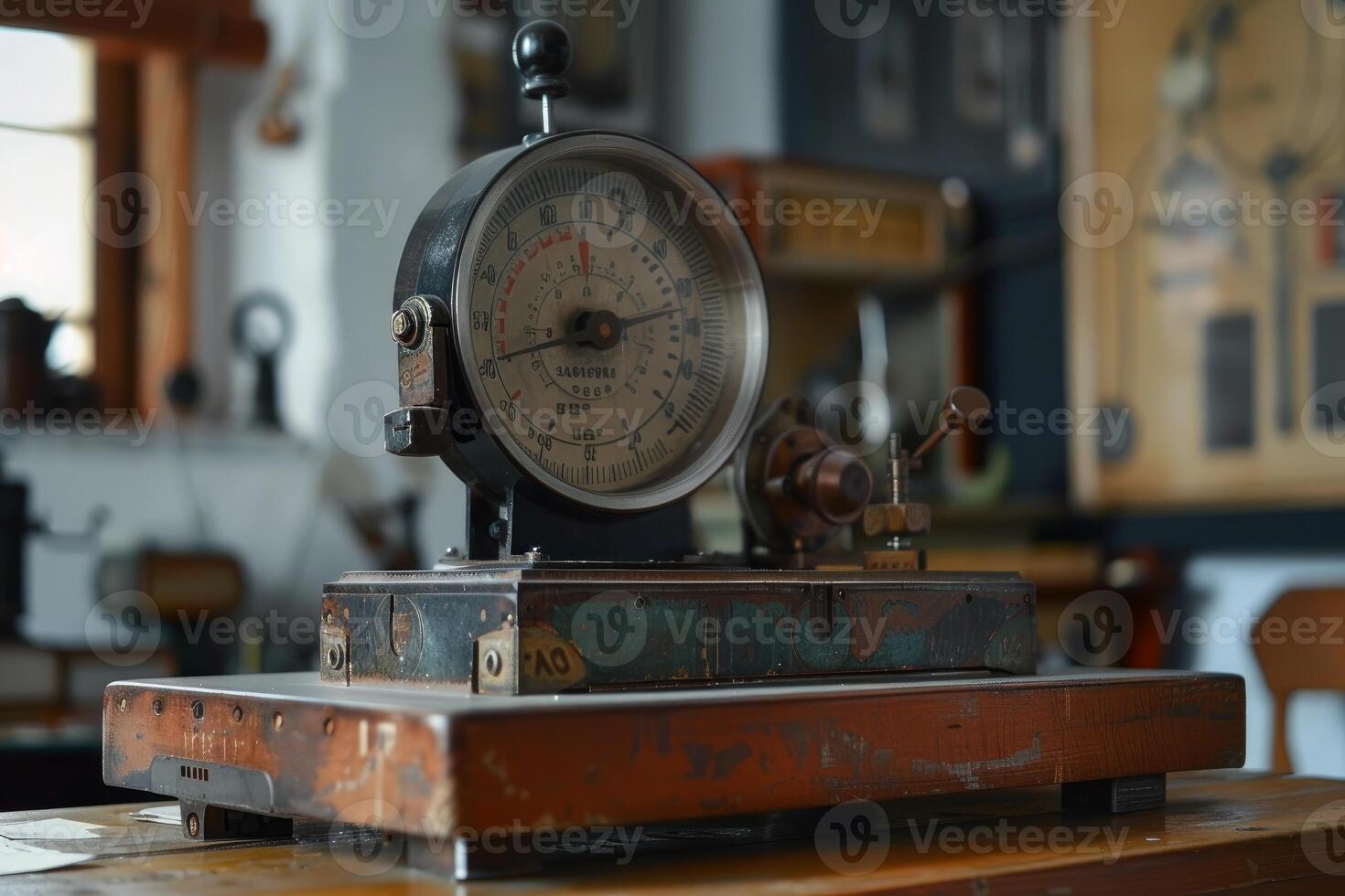 Old measuring device sitting on wooden desk in workshop photo