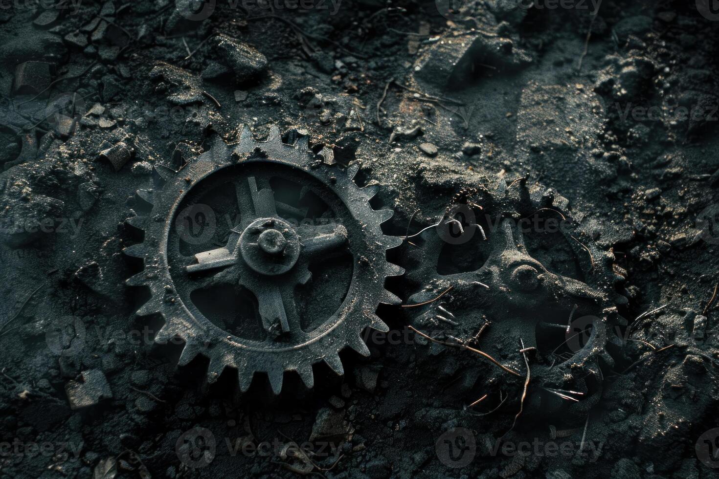 Two rusty gears lying on dark ground covered in dust and dirt photo