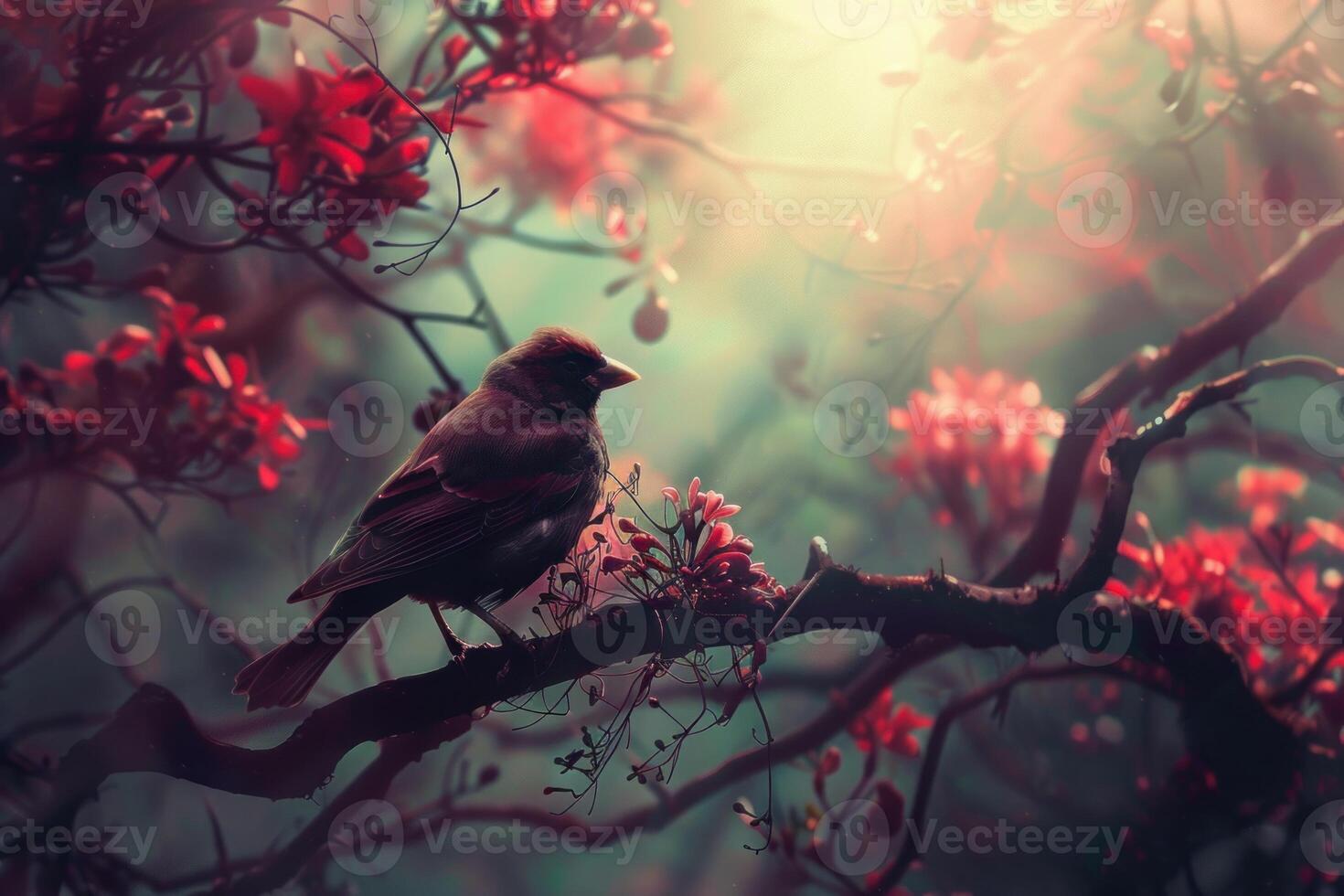 Small bird perched on branch surrounded by red flowers photo