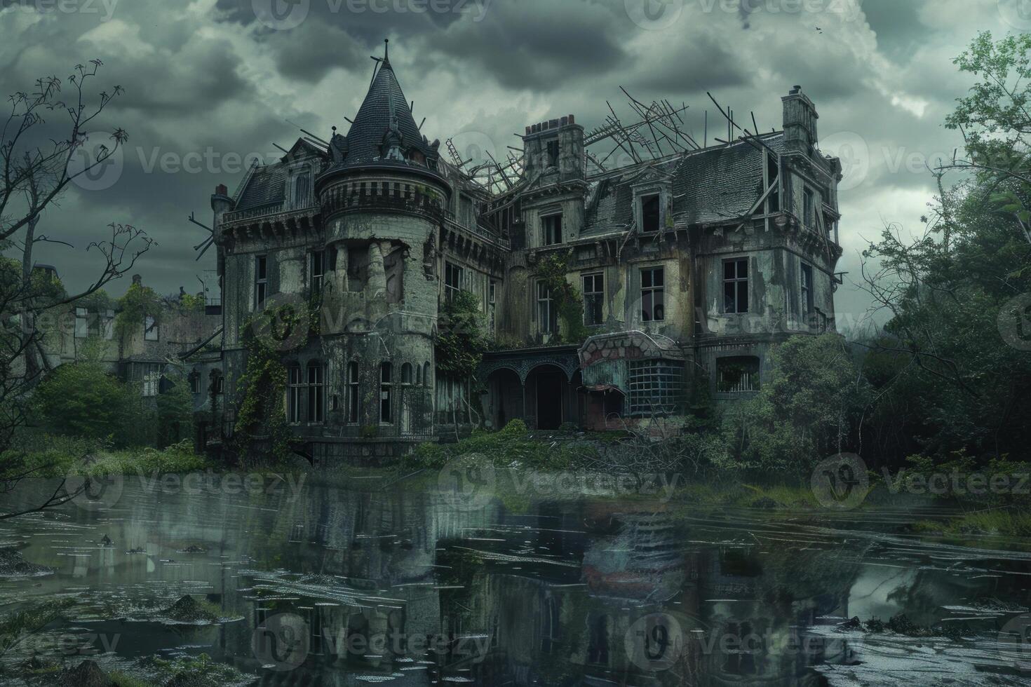 Abandoned haunted mansion reflecting in swamp on stormy day photo