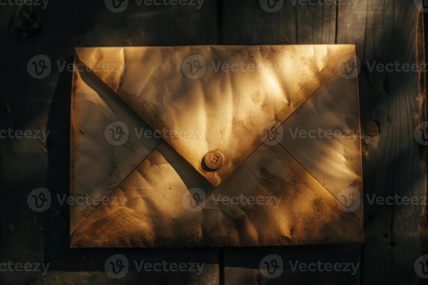 Old envelope lying on wooden table with dramatic light photo