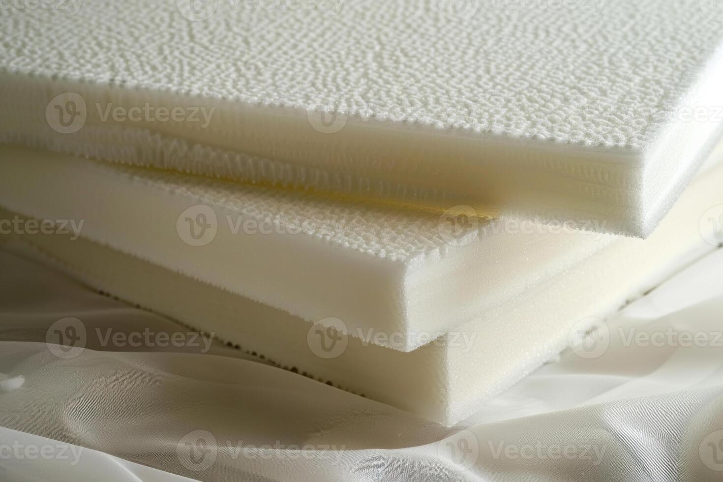 Stack of memory foam mattress toppers resting on white fabric photo