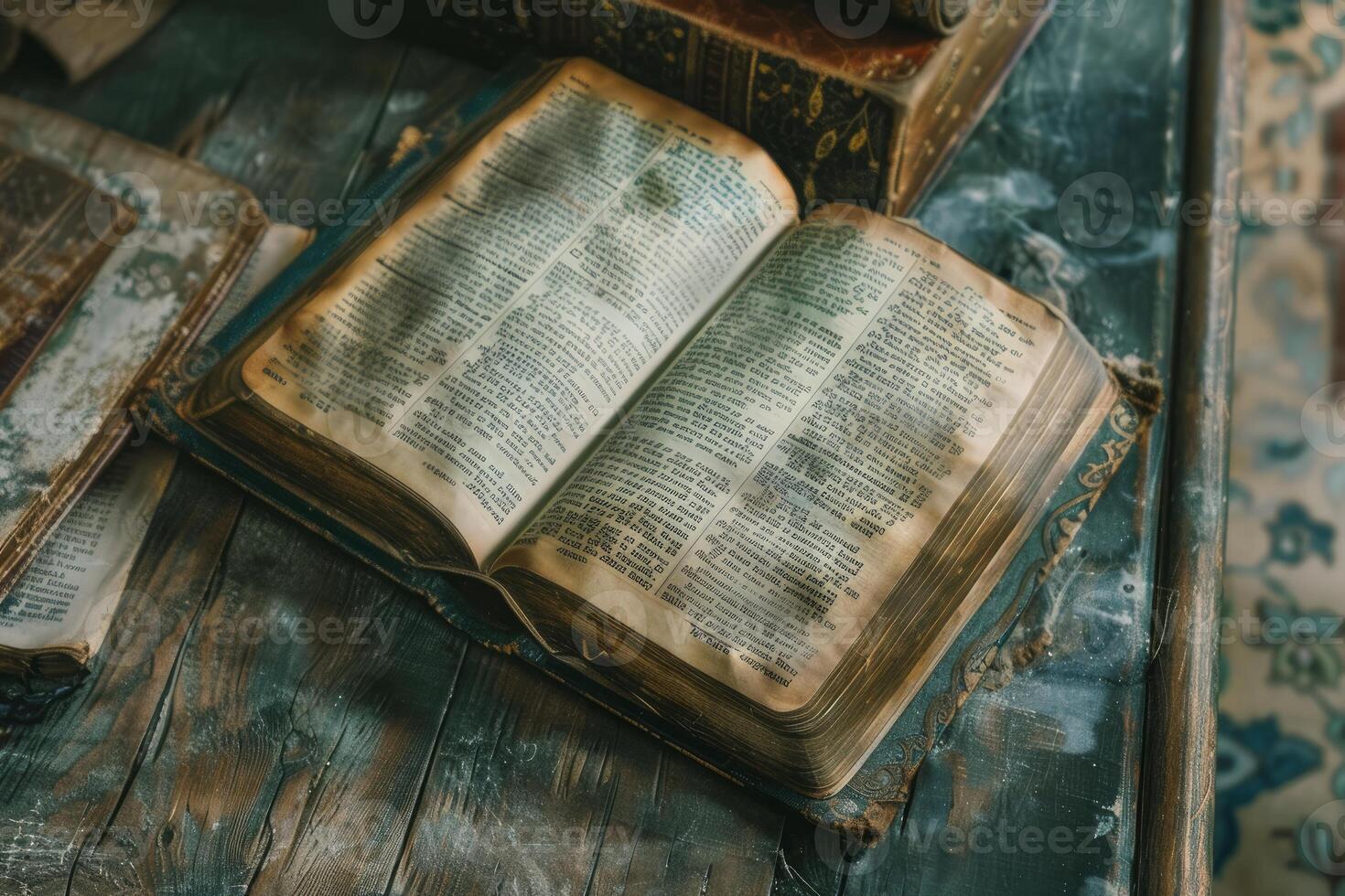 Antique book laying open on rustic wooden table displaying aged pages photo