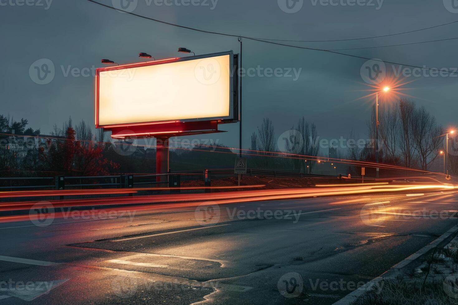 Blank billboard shining at night with long exposure car lights photo