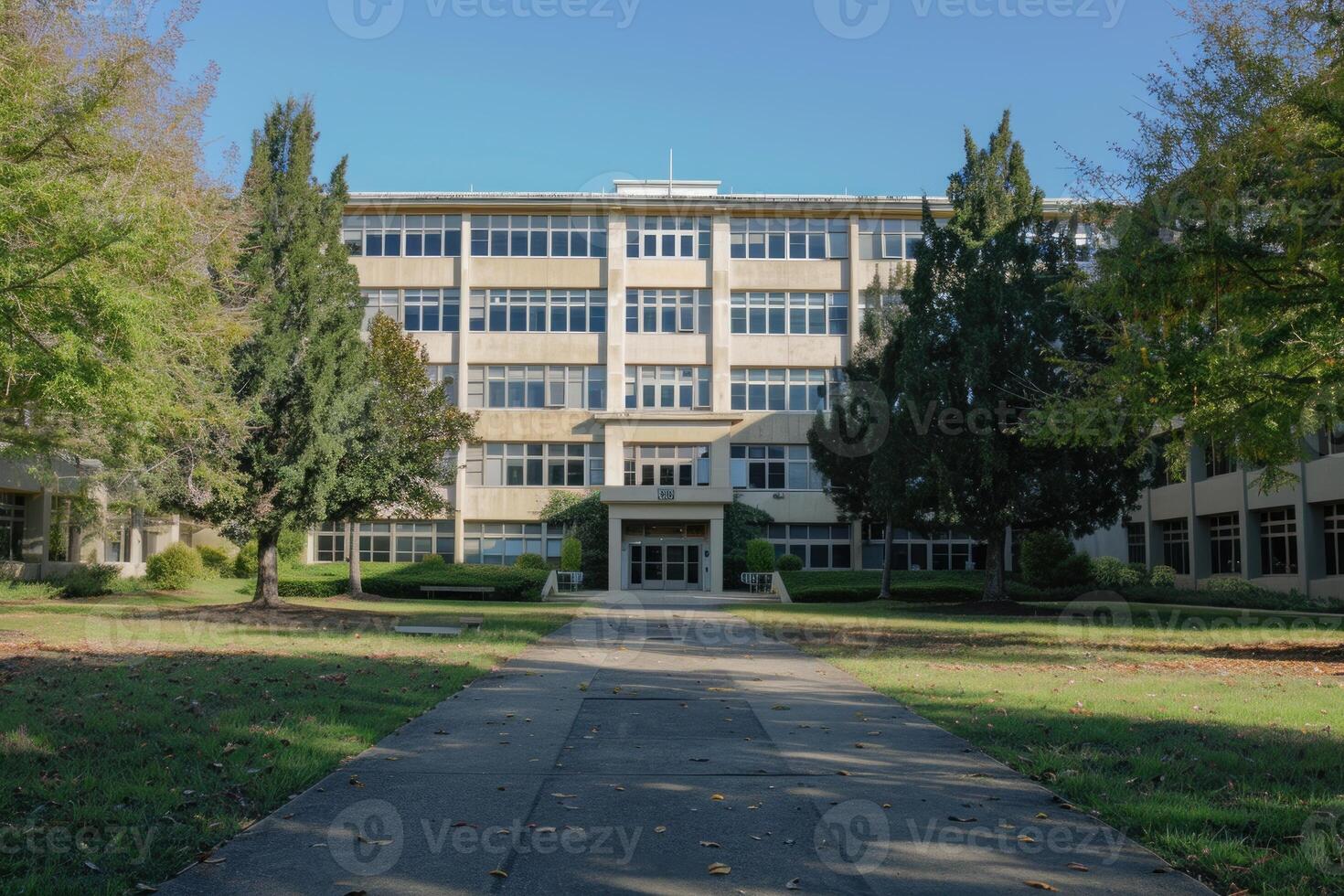 Pathway leading to entrance of beautiful university building on sunny day photo