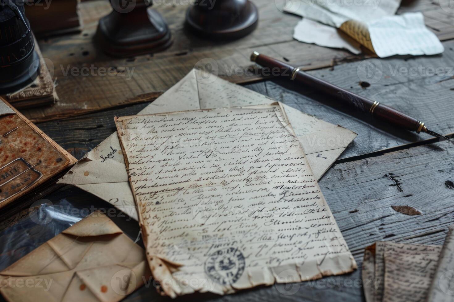 Old handwritten letter lying on wooden desk with antique writing supplies photo