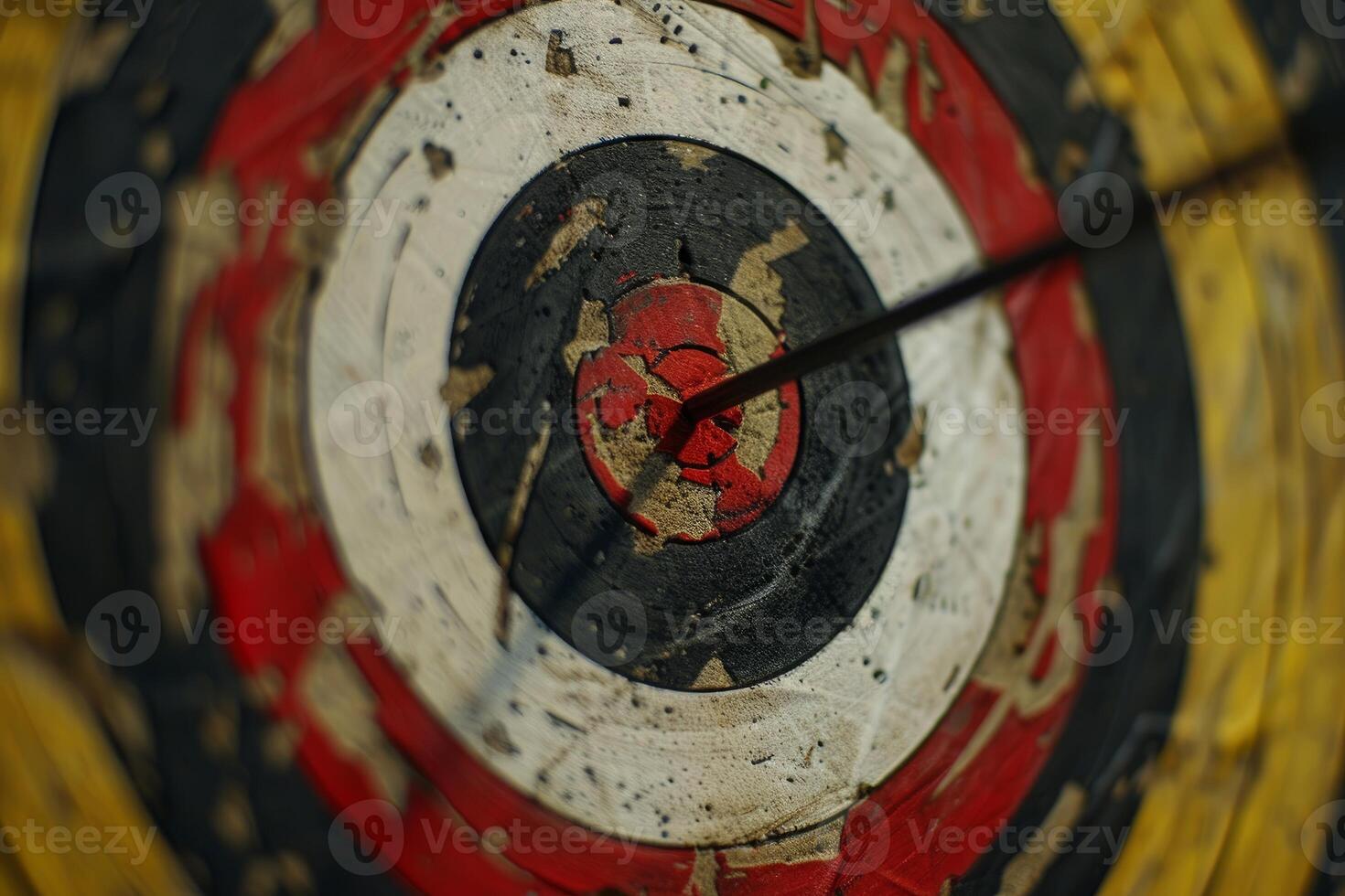 Arrow hitting the center of an old target on wood photo