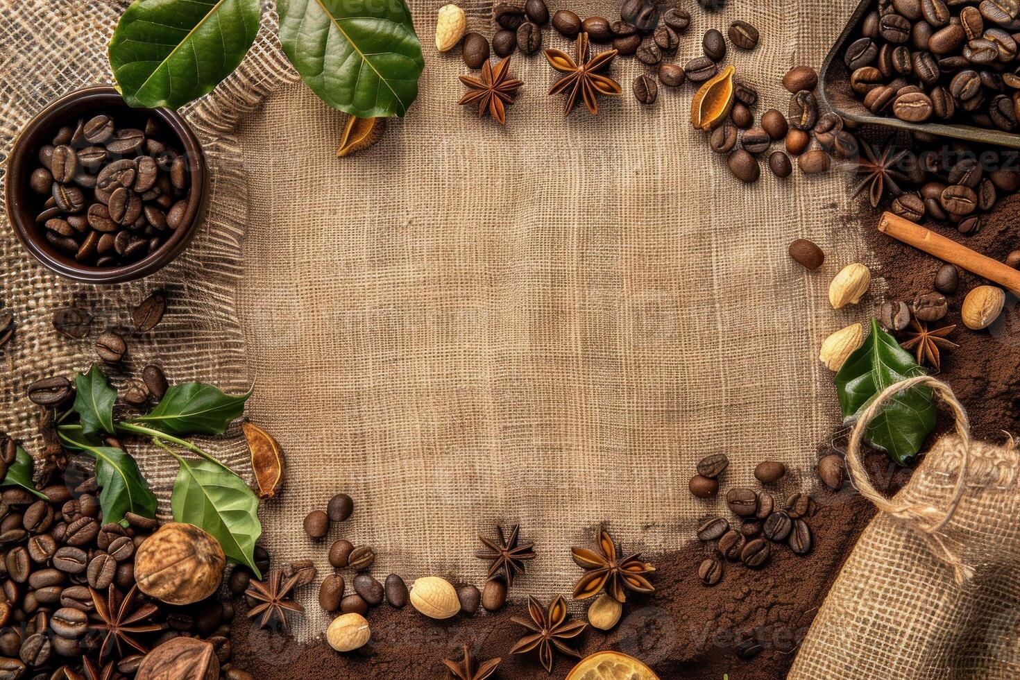 Coffee beans, ground coffee, spices, nuts and green coffee leaves creating a frame on burlap background photo
