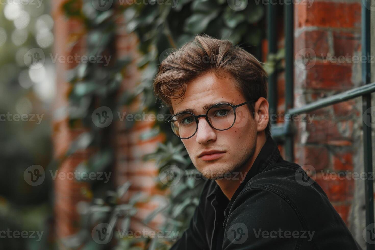 Serious young man wearing glasses posing near brick wall with plants photo